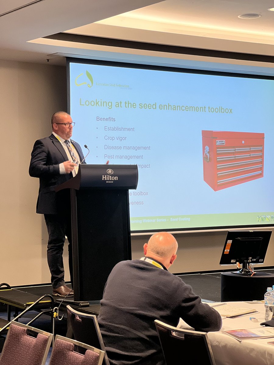 AusSeedFed's tweet photo. After some great Q+A for Steve, we are hearing from Ashley Fraser, Baker Seed Co, discussing seed processing and coating. 🌱 #ASFSeedBiz22 https://t.co/Z82ps9IV2w
