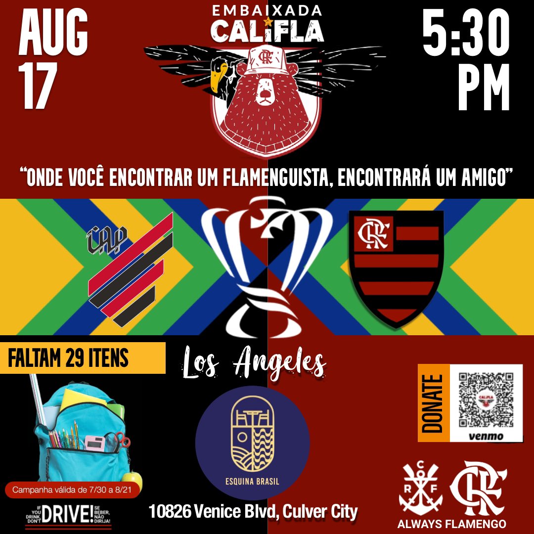 Cali_Fla's tweet photo. Wednesday @Flamengo visits #CAP to fight to a spot at the #Semifinal of @CopadoBrasil! if you are in #SanDiego, #LosAngeles, or #SanFrancisco #CaliFla invites you to support @Flamengo_en with us. #CAPxFLA #goFla #VamosFlamego https://t.co/6HfZT5HkXw
