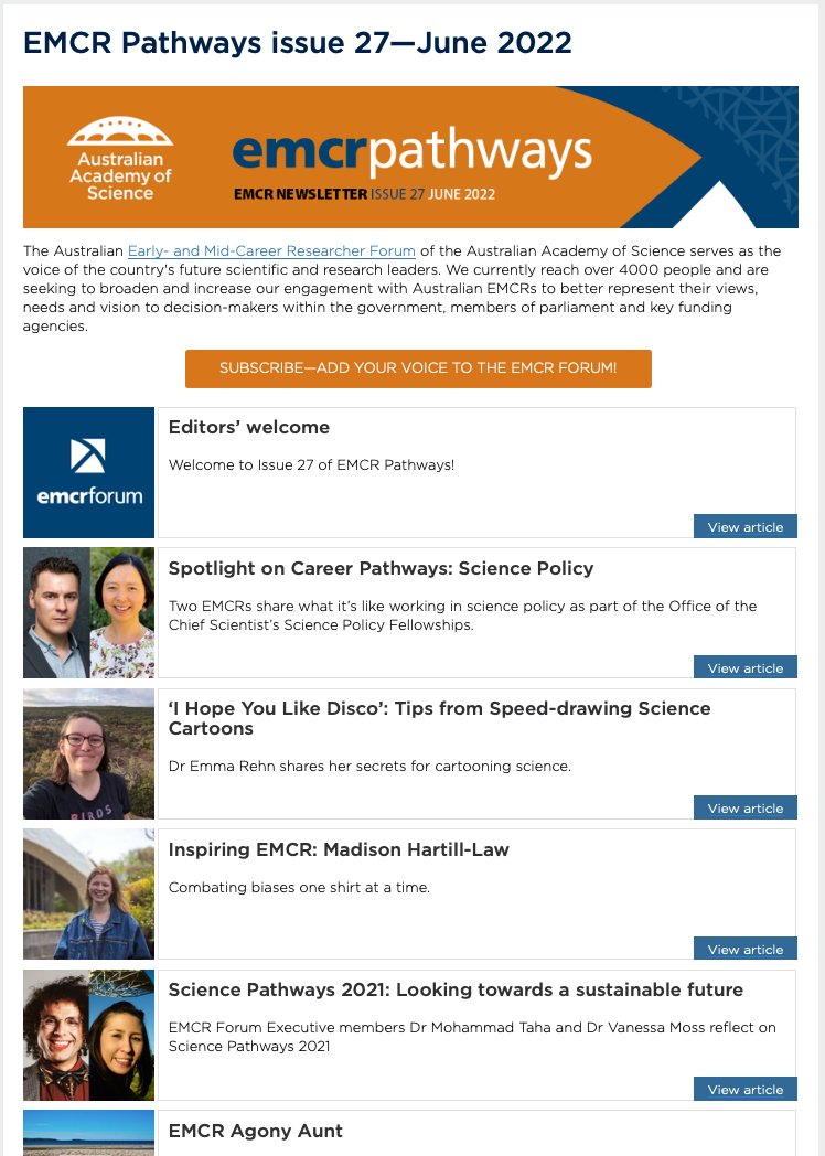 Science_Academy's tweet photo. Are you an early and mid-career Australian scientist? Get tips from other emerging scientists, witty quotes and advice on combating bias in the community in our latest EMCR Pathways Newsletter: https://t.co/bR2GysRPMl
#AusScience #GetTheScience
Follow @EMCRForum for updates https://t.co/wk0HSwcPJh