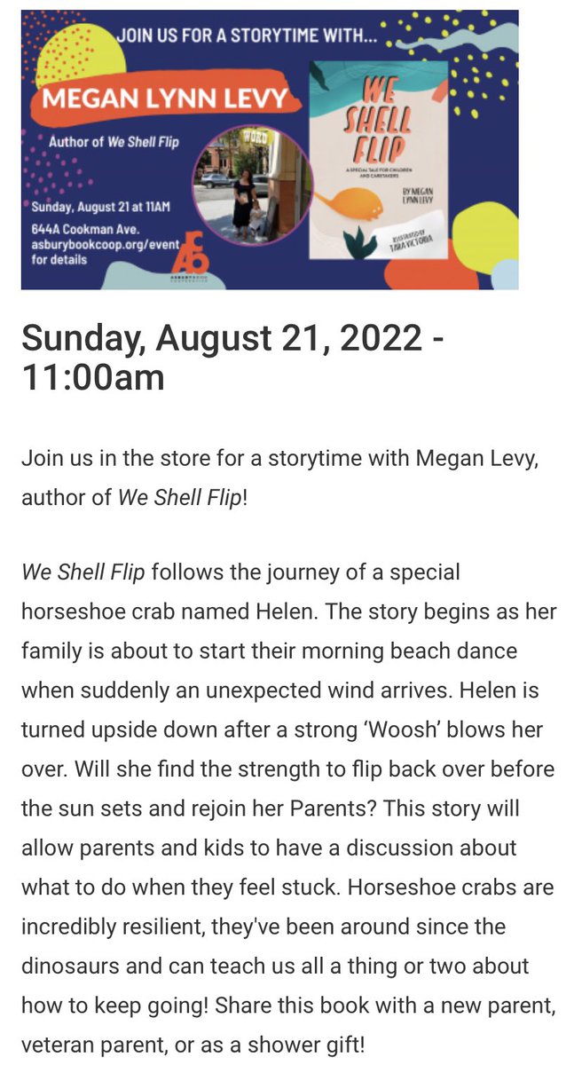 🌊 Heading down the shore this Sunday? Stop by our kids storytime at <a href="/AsburyBookCoop/">Asbury Book Cooperative</a>! 
📖 🦀 More deets on the event page here: asburybookcoop.org/event/storytim… #weshellflip #booktwt #storytime #asburypark