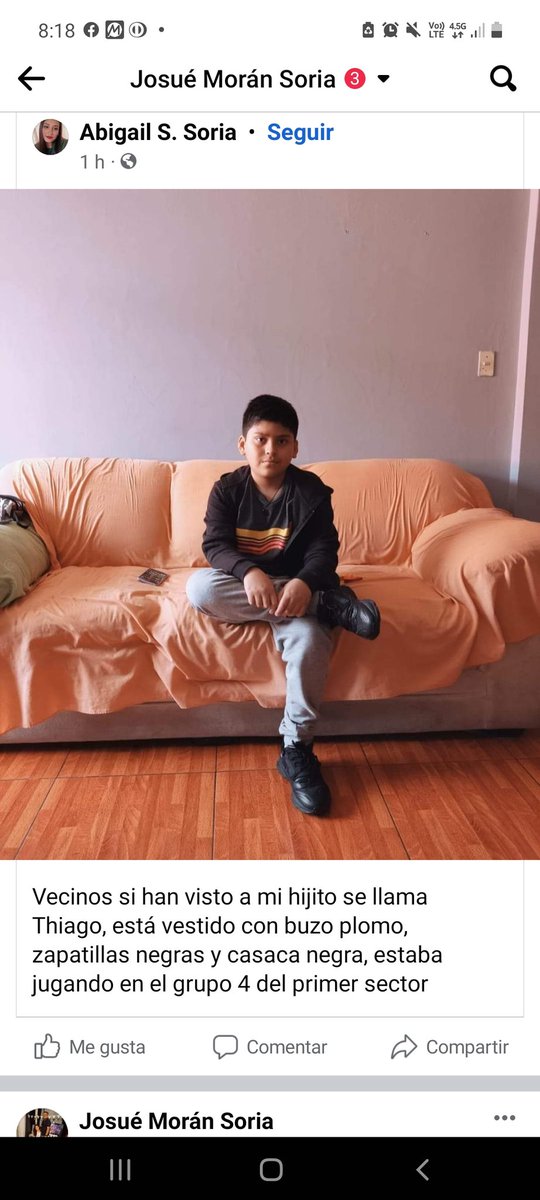 jmoransoria's tweet image. Mi sobrino desapareció hoy en Villa el Salvador, tiene 10 años se llama Thiago Salcedo, está vestido con buzo plomo, zapatillas negras y casaca negra, estaba jugando en el grupo 4 del 1er sector. Por favor cualquier información comuníquese al teléfono: 922 166 658. Abigail Soria