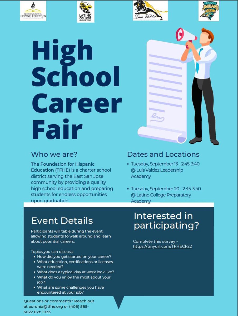 TFHECommunity's tweet photo. #Career exposure is an integral part of our student's experience at TFHE Schools. We are calling all professionals for participating in our Career Days this September 2022!

For volunteering or more information, please complete this survey: https://t.co/M0fmFa3Q6M. https://t.co/EGUR6ODnKw
