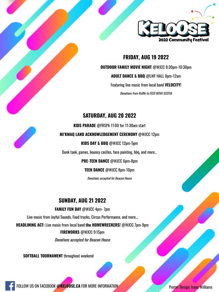 #Keloose is just a few days away. Here is the event schedule for AUG. 19-21. #WindsorJunction #FallRiverNS @WJCC_NS @BrianWongWFRBB <a href="/WJ_Yeomans/">Realtor Nick</a>