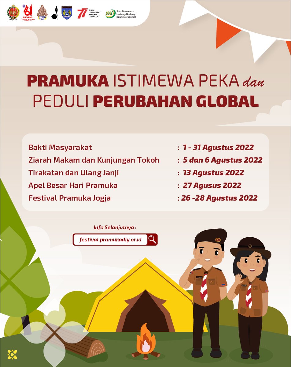 humas_jogja's tweet photo. Dalam rangka menyemarakkan peringatan Hari Pramuka ke-61, Kwarda DIY menggelar Gebyar 61 Tahun Gerakan Pramuka, Mengabdi Tanpa Batas. #Pramuka #61TahunGerakanPramuka #HariPramuka61 #FestivalPramukaJogja #PramukaIstimewa #MengabdiTanpaBatas  #PramukaDIY #KwardaDIY https://t.co/v5TX4zb5yx