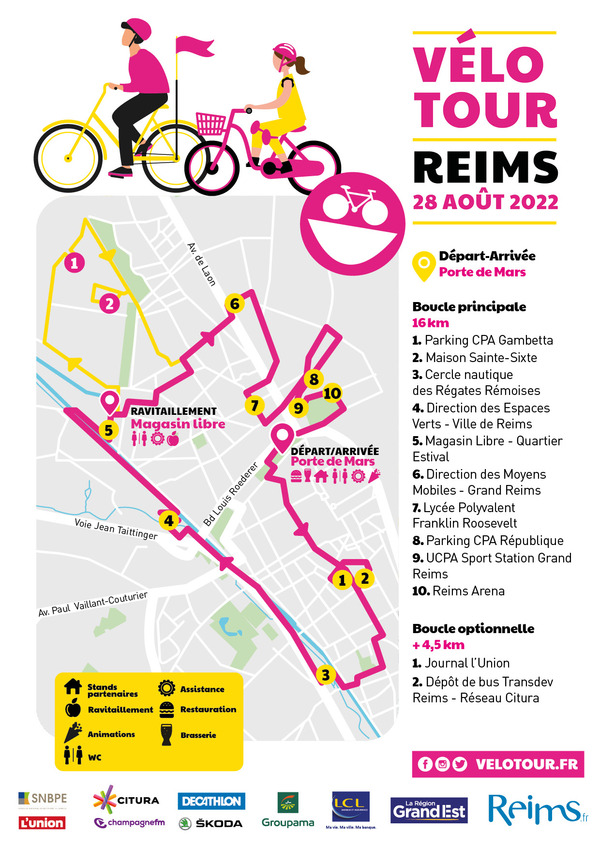 🚴‍Le parcours de la 2è édition de @VilledeReims @velotour (28 août) est dévoilé 😍 🏳🏁 Porte de Mars ✅ dépôt de bus @CITURA_Officiel ✅ @UnionArdennais ✅ Magasin Libre ✅ @reimsarena ✅ ... @grandest @lcl @GroupamaNordEst