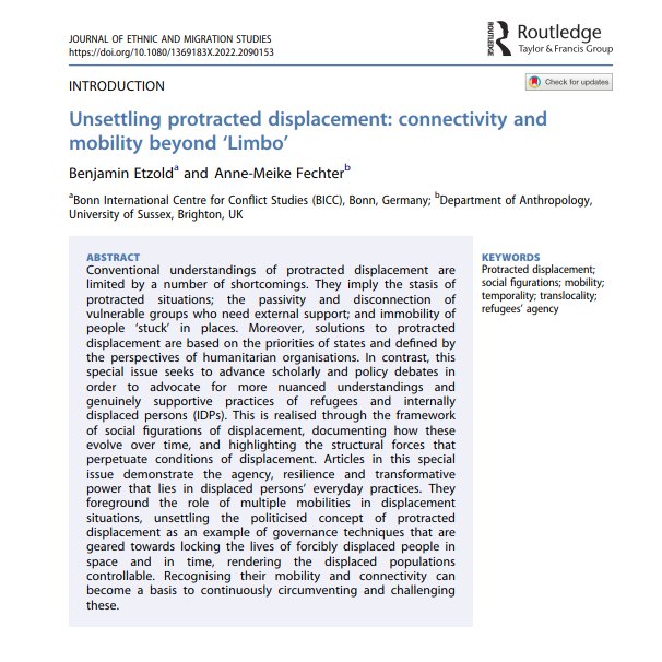 TRAFIG_EU's tweet photo. 1⃣
Opening the SI, @Ben_Etzold @BICC_Bonn &amp; AM Fechter @sussexglobal introduce our analytical framework:
#power dynamics, #connectivity, #translocality, #mobility &amp; #temporality are key dimensions in #figurations of (protracted) #displacement.
#OpenAccess: https://t.co/vu4WYnk5wn https://t.co/Ezbc9Jhpwc