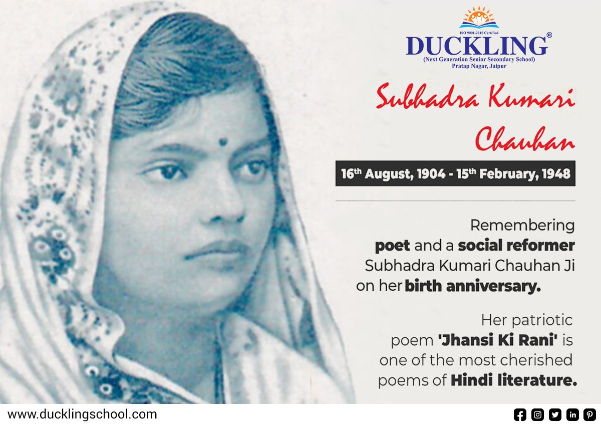SchoolDuckling's tweet photo. Tribute to India's First Woman Satyagrahi, &amp; Nationalist poem "Jhansi ki Rani" author, Subhadra Kumari Chauhan on her birth anniversary.
#Ducklingschool #Ducklingschooljaipur #education
#jhansikirani #subhadrakumarichauhan #queenofjhansi #jhansi #indianpoet #poetry #indianpoetry https://t.co/Ek9Q22X6oq