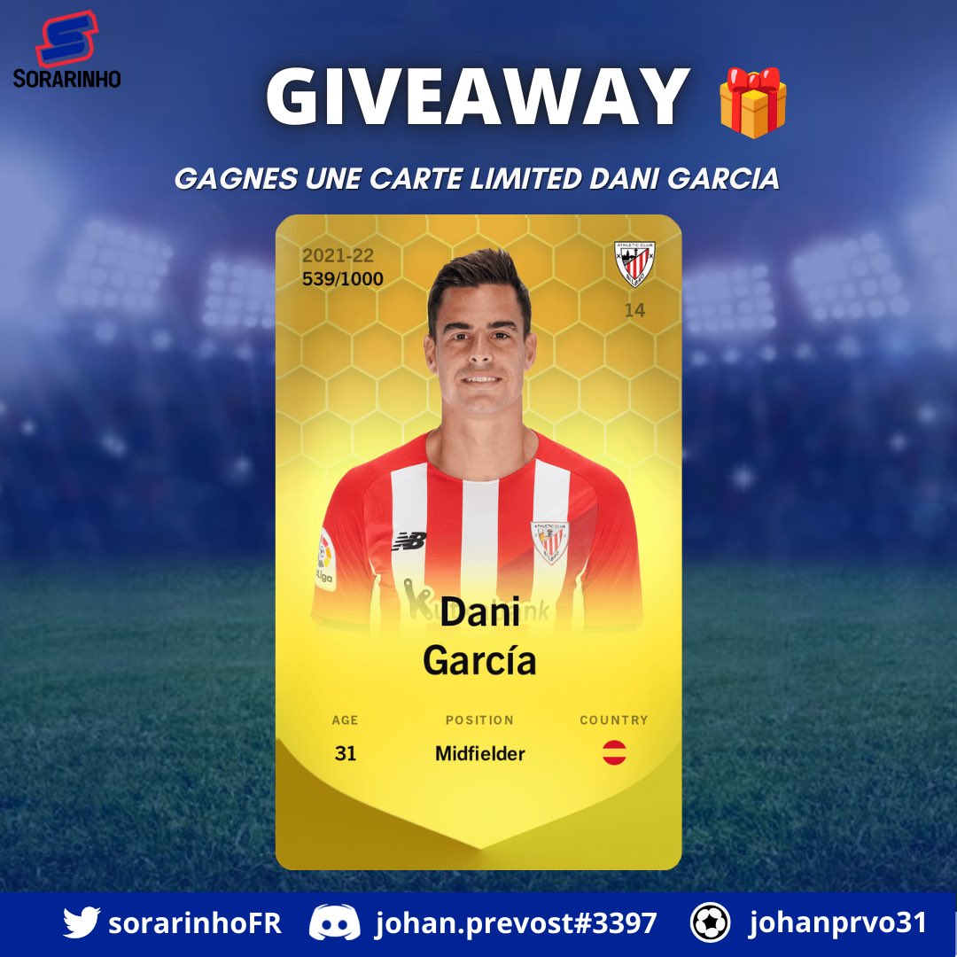 🎁GIVEAWAY🎁

A gagner, une carte de DANI GARCIA limited !

Pour participer :
⁃Être abonné à @sorarinhoFR
- Identifie 2 amis en commentaires
⁃Like et RETWEET le post 

TAS mercredi 12h

Good luck 🍀
#sorare #giveawaysorare #eth #football #NFTGiveaways