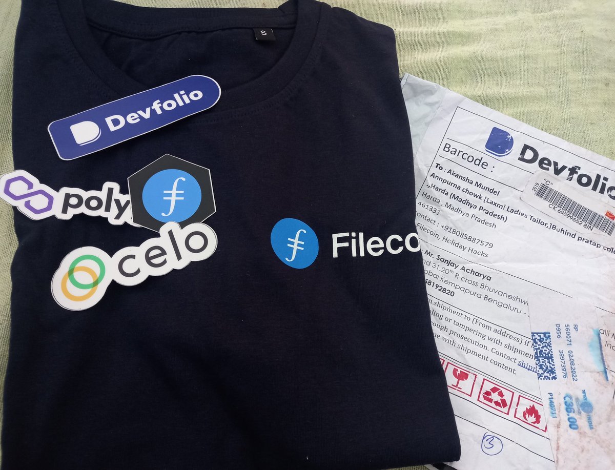 mundel_akansha's tweet photo. Received @Filecoin Tshirt from @devfolio 💌
It was a great experience in orgaining  @holidayhackss hackthon and be part of it !!
btw thanks @twtvaibhav and @ashish11chawda ;) https://t.co/tCoDHCCkap
