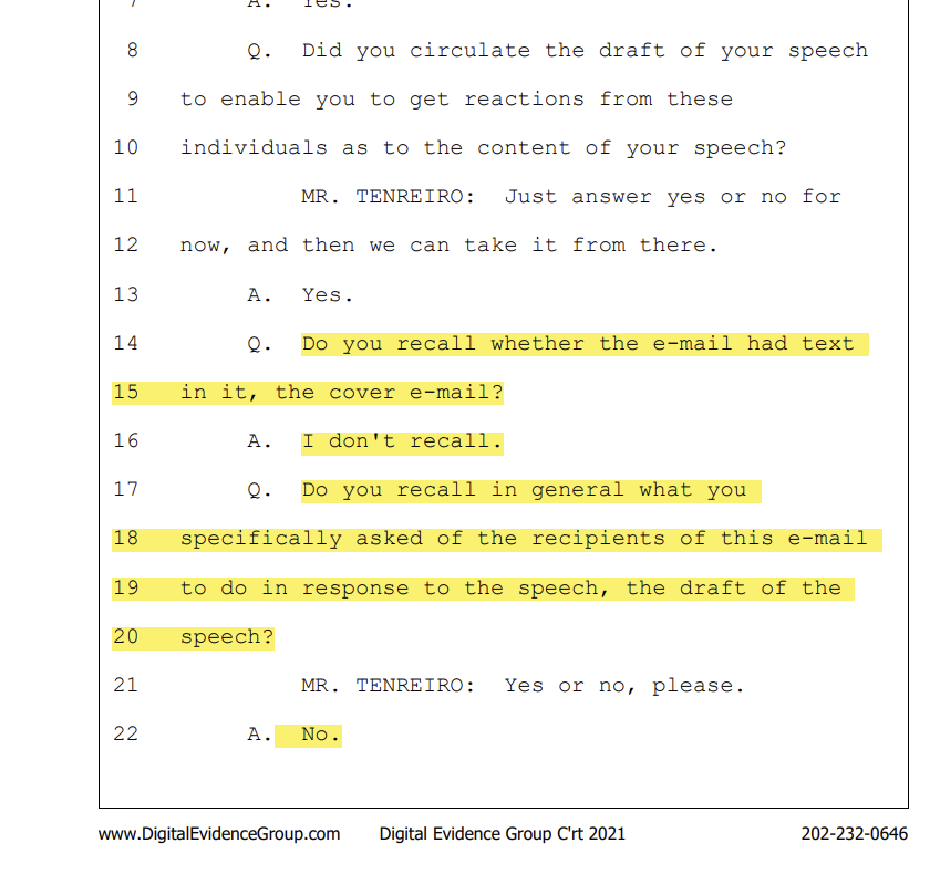 Leerzeit's tweet photo. There are a few undiscovered gems in the new excerpts of Hinman's deposition: Here Bill Hinman states that he can neither remember whether his email contained text nor the questions he asked in his emails. But somehow he can recall that he has sought legal advice. 🤡 https://t.co/yQyCV2eenz