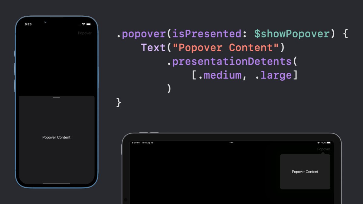 natpanferova's tweet photo. The new SwiftUI presentationDetents() modifier in iOS 16 can be used not only inside sheets but inside popovers too. When the popover transitions to a sheet in compact horizontal size class, it will respect the detent settings. https://t.co/ePQSPBQVUF