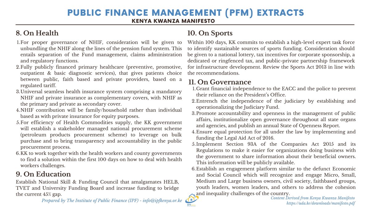 Following the declaration by <a href="/IEBCKenya/">IEBC</a> on the 2022 presidential election results, find @ipfkenya's PFM extracts from the Kenya Kwanza Coalition Manifesto to which the president-elect belongs. May this brief continue to inform your work as we race towards building a better Kenya.