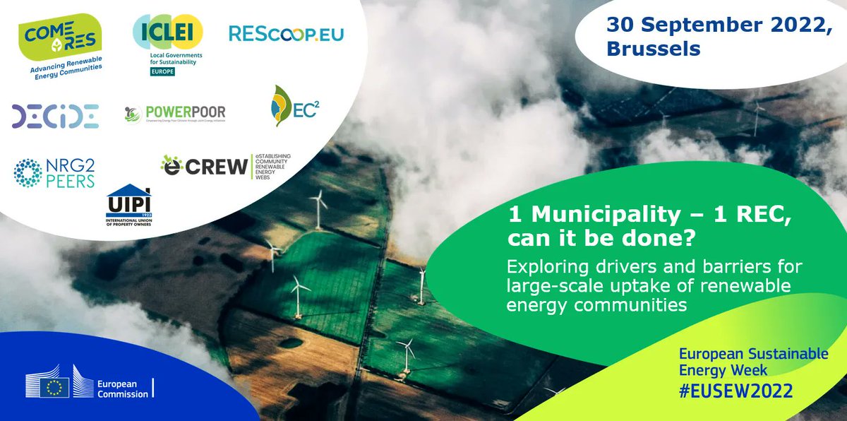 Can we create 1 #energycommunity for every municipality over 10K residents by 2025? We're joining up with <a href="/comeres_eu/">COME RES Project</a> <a href="/DECIDE4energy/">DECIDE</a> <a href="/POWERPOOR_EU/">POWERPOOR 💡🇪🇺</a> <a href="/ec2_energy/">EC²</a> at our #EUSEW2022 Sustainable Energy Day to help realise the 🇪🇺 Solar Energy Strategy. Join us: bit.ly/3SHaCn1