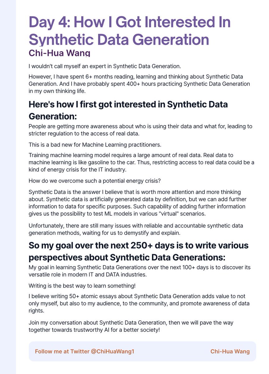 ChiHuaWang1's tweet image. My Day 4 of #Ship30for30 talks about how I got interested in #SyntheticDataGeneration.

You may not be aware there is an energy crisis for modern machine learning and AI system.

Synthetic Data is the solution!

Join my conversation towards trustworthy AI for a better society!