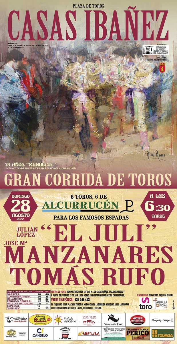 📍Casas Ibáñez (Albacete) 
📅 Domingo 28 Agosto 
🕰 18:30 Horas 
🐂 <a href="/Alcurrucen/">Alcurrucén</a> 
- <a href="/elJuli/">El Juli</a> <a href="/infoElJuli/">eljuli.com</a> 
- @jmmanzanares @prensaJMM 
- <a href="/InfoTomasRufo/">Tomás Rufo</a> 
#vuelvenlasfigurasacasasibañez #casasibañez #toros <a href="/ManoloMoles/">Manolo Molés</a> <a href="/Mundotorocom/">mundotoro.com</a>