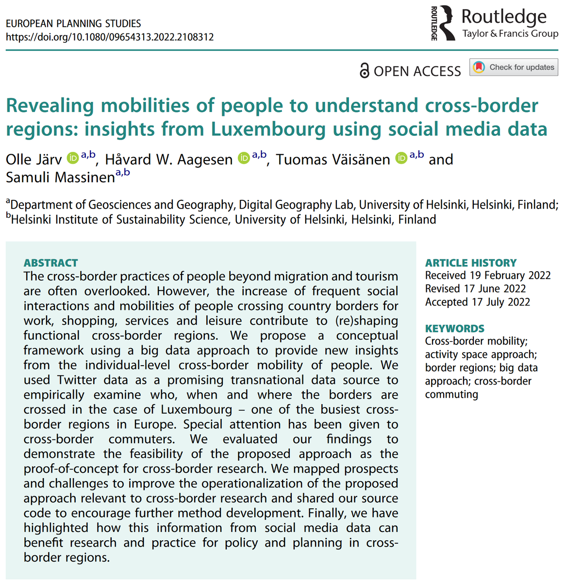 Olle Järv 🇺🇦 (@ollejarv) on Twitter photo Can social media data reveal cross-border #mobility of people and provide new insights to understand #borderregions?
Our study w/ <a href="/haavardaagesen/">Håvard Wallin Aagesen</a> <a href="/Waeiski/">Tuomas Väisänen 📼 🇺🇦 vis.social/@waeiski</a> & S.Massinen #Luxembourg #GrandeRégion indicates YES: doi.org/10.1080/096543…
#BORDERSPACE project <a href="/digigeolab/">DigitalGeographyLab</a>
🧵1/10 👇 Can social media data reveal cross-border #mobility of people and provide new insights to understand #borderregions?
Our study w/ <a href="/haavardaagesen/">Håvard Wallin Aagesen</a> <a href="/Waeiski/">Tuomas Väisänen 📼 🇺🇦 vis.social/@waeiski</a> & S.Massinen #Luxembourg #GrandeRégion indicates YES: doi.org/10.1080/096543…
#BORDERSPACE project <a href="/digigeolab/">DigitalGeographyLab</a>
🧵1/10 👇