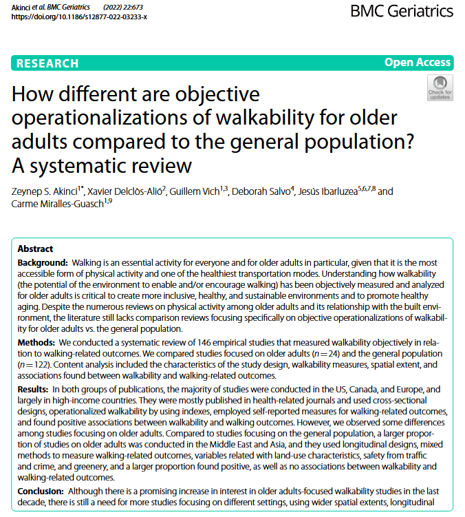 xavidelclos's tweet photo. 📄Now available online in BMC Geriatrics a systematic review about the operationalization of walkability for older adults compared to the general population, led by Zeynep S. Akinci from @gemottuab👏 &amp; @llemvich @DebSalvoD @jesusibarluzea  @CarmeMirallesGu https://t.co/AeaXfOjJpp https://t.co/cpuQneK67I