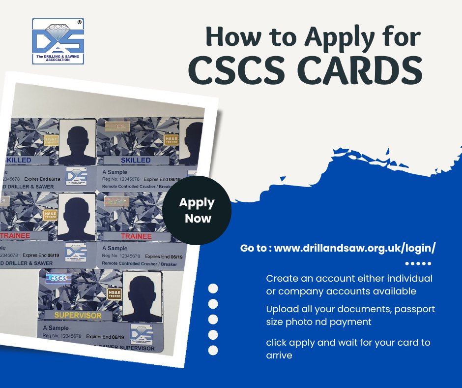 Apply for you card is quick and simple using this link drillandsaw.org.uk/login/ and following the instructions below👇

If you need any assistance please ☎️ 0115 9867029