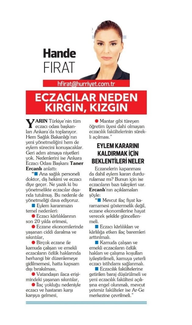 <a href="/Hurriyet/">Hürriyet.com.tr</a> Gazetesi Ankara Temsilcisi Hande FIRAT'a eczacıların eylemlilik kararının nedenlerini ve meslektaşlarımızın haklı taleplerini anlattım. Eczacıların sorunlarını köşesine taşıdığı için <a href="/handefrt/">Hande Fırat</a>'a teşekkür ederim.