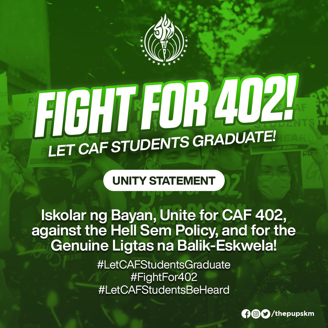 thepupskm's tweet photo. UNITY STATEMENT OF THE POLYTECHNIC UNIVERSITY OF THE PHILIPPINES SYSTEMWIDE STUDENT FORMATIONS ON CREDITING-BACK THE FEAT OF #FightFor402 TO THE STUDENT UNION, AND ITS PERSISTING FIGHT TOWARDS AN EQUITABLE QUALITY EDUCATION https://t.co/ek2Ymhw00O