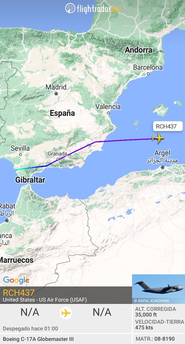 MilRadar's tweet photo. 🇺🇸 #USAF C-17A Globemaster III 08-8190 del #437thAW despega desde #Rota y con rumbo E sobrevuela el #Mediterráneo al sur de las #Baleares https://t.co/r2etFFcbWA