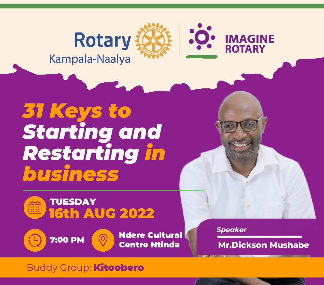 DicksonMushabe's tweet photo. I am to have been invited by the Rotary Kampala - Naalya to discuss the #31Keys to Restart your Business. 

I have been asked to come along with some friends. You are invited to pass by Ndere Centre this evening. See you there.😉 https://t.co/GYb1Onl6qi