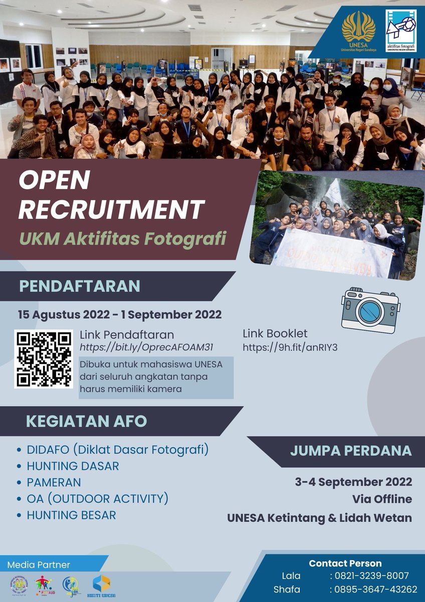 Yuk² bergabung dengan UKM Aktifitas Fotografi UNESA🤗

Buruan daftar di👇👇
bit.ly/OprecAFOAM31