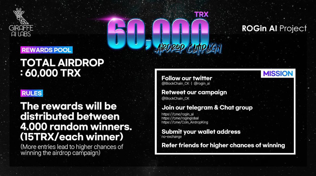 rogin_ai's tweet image. #ROGinAI is running a massive 60,000TRX #airdrop campaign in  tokens!

Join our gleam competition:
🔗gleam.io/UF4rP/rogin-ai…

Page with curl Follow all the rules and tag your friends to join the airdrop campaign!

#Metaverse #Giveaway #NFT #NFTs