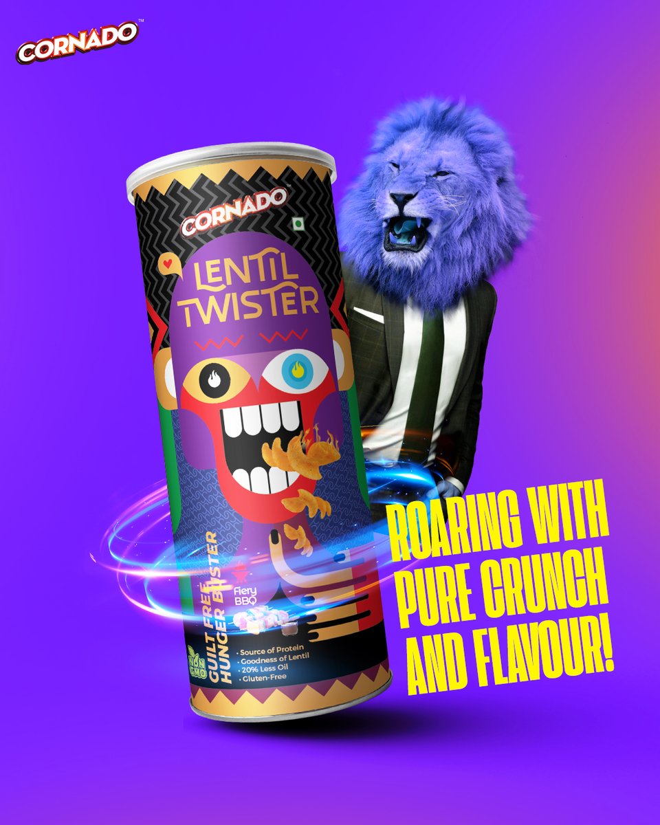 Packed with so much flavour and fire, you roar with delight at every munch.

Grab your tin pack of Cornado Lentil Twister now at any nearby store.

#Creative #Lion #Roar #Crunch #Twister #LentilTwister #Flavour #Cornado #SnacAtac #Food #Snacks #Snacking