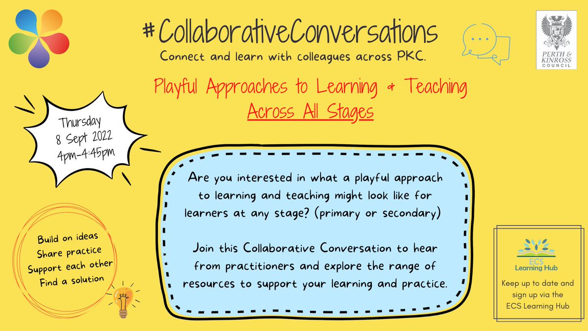 PKCTeach's tweet photo. ๐ขPKC teachers! Interested in playful approaches to #learningandtaching across all stages? Join the #collaborativeconversation on Thur 8 Sept 4-4:45pm. Find out more on the @EcsLearning https://t.co/drHtOeYRCs https://t.co/FYwzbxVGzt