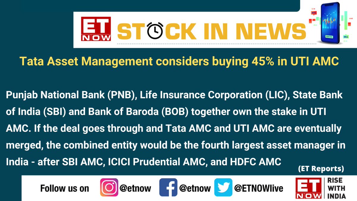ETNOWlive's tweet photo. #ETReports | Tata Asset Management considers buying 45% in UTI AMC. Here's what we know so far
@utimutualfund #TataAssetManagement #StockMarket #StocksToWatch https://t.co/JSErAovh8w