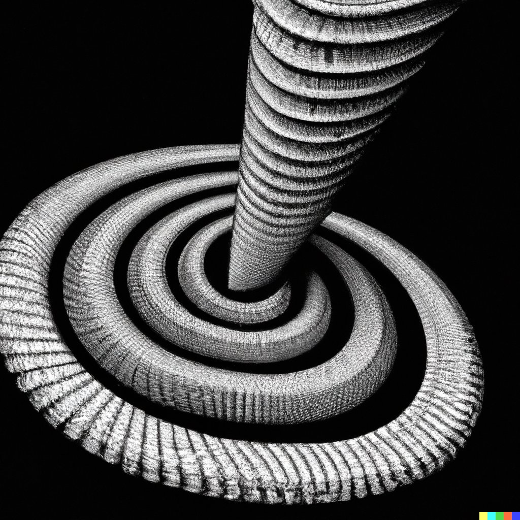 SurrealGoogling's tweet image. #dalle2 #wolfram caVal[{n_, k_, t_}] :=   Image3D[#, ImageSize -&amp;gt; 100] &amp;amp; /@    #CellularAutomaton[{n, {k, 1}, {1, 1, 1}}, {{{{1}}}, 0}, {{t}}], #HRGiger style