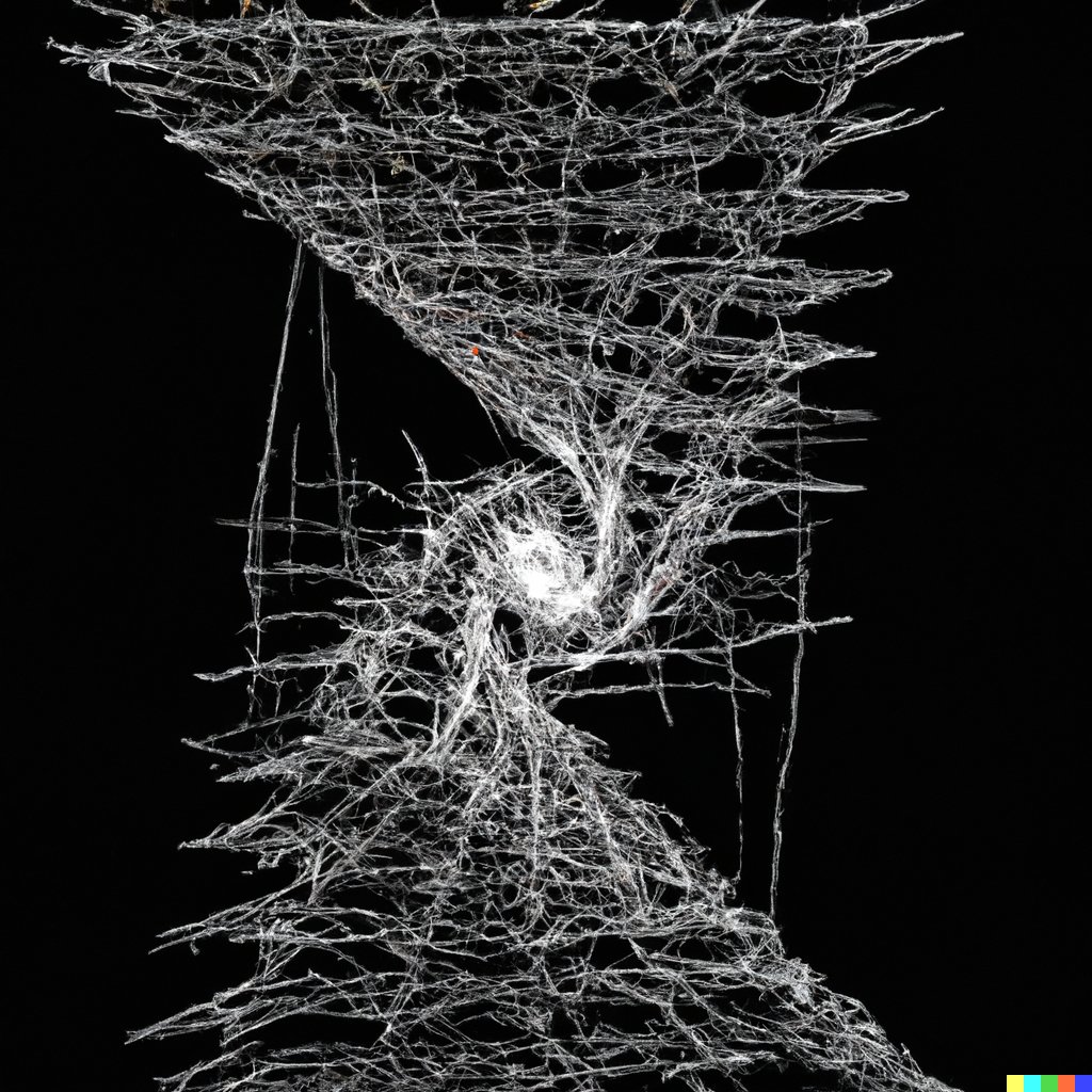 SurrealGoogling's tweet image. #dalle2 #wolfram caVal[{n_, k_, t_}] :=   Image3D[#, ImageSize -&amp;gt; 100] &amp;amp; /@    #CellularAutomaton[{n, {k, 1}, {1, 1, 1}}, {{{{1}}}, 0}, {{t}}], #HRGiger style