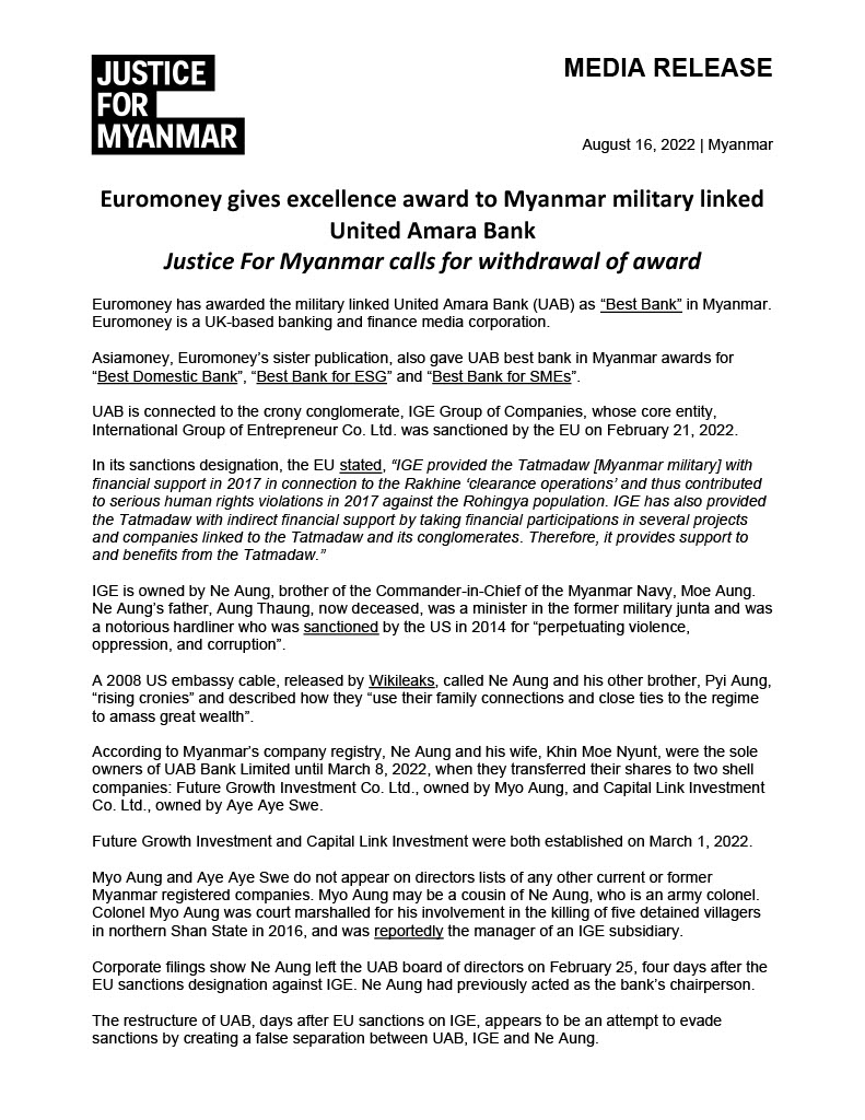 JusticeMyanmar's tweet photo. Press Release 📣 UK-based banking &amp; finance media biz @Euromoney gives excellence award to #Myanmar military linked United Amara Bank. Bank recently restructured after #EU sanctions on linked conglomerate.

Justice For Myanmar calls for withdrawal of award https://t.co/YCuY87vDWx https://t.co/hlMR51n8HP