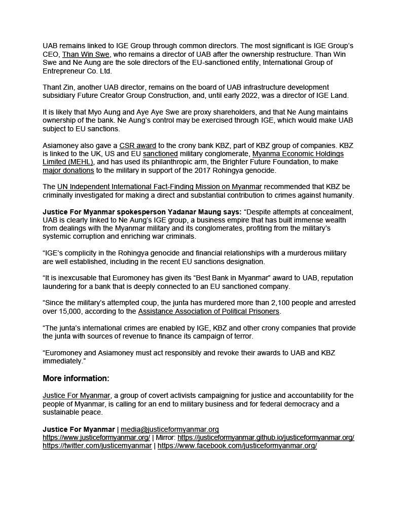 JusticeMyanmar's tweet photo. Press Release 📣 UK-based banking &amp; finance media biz @Euromoney gives excellence award to #Myanmar military linked United Amara Bank. Bank recently restructured after #EU sanctions on linked conglomerate.

Justice For Myanmar calls for withdrawal of award https://t.co/YCuY87vDWx https://t.co/hlMR51n8HP