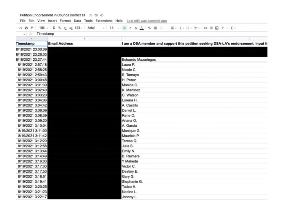 Hugo’s DSA-LA endorsement is shady.

Need to be endorsed by 50 “members in good standing” to get DSA’s endorsement. Out of nowhere there were 24 votes that came in for Hugo in a 25 min period starting at 2:57AM. Each voted one minute after the last.🙄

Janet’s fake accounts, huh?