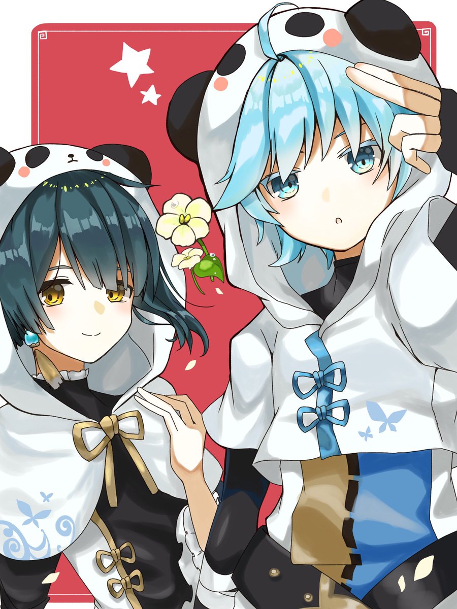 chongyun (genshin impact) ,xingqiu (genshin impact) multiple boys blue hair 2boys male focus food jewelry earrings  illustration images