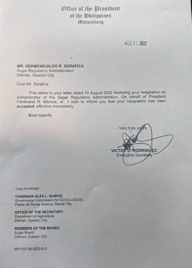 PTVph's tweet photo. KAPAPASOK NA BALITA: Kinumpirma ni Engr. Hermenegildo Serafica na siya ay nagbitiw sa puwesto bilang administrator ng Sugar Regulatory Administration. | via Clay Pardilla

1/2 https://t.co/2mlNWKN6Bc