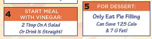 samandmau's tweet photo. in November 2014, the cafeteria at my office had informational placards at every table featuring Thanksgiving diet tips from Dr Oz, and they included (4) do a 1 oz shot of vinegar to pregame; (5) Only Eat Pie Filling https://t.co/fF94dVul5j