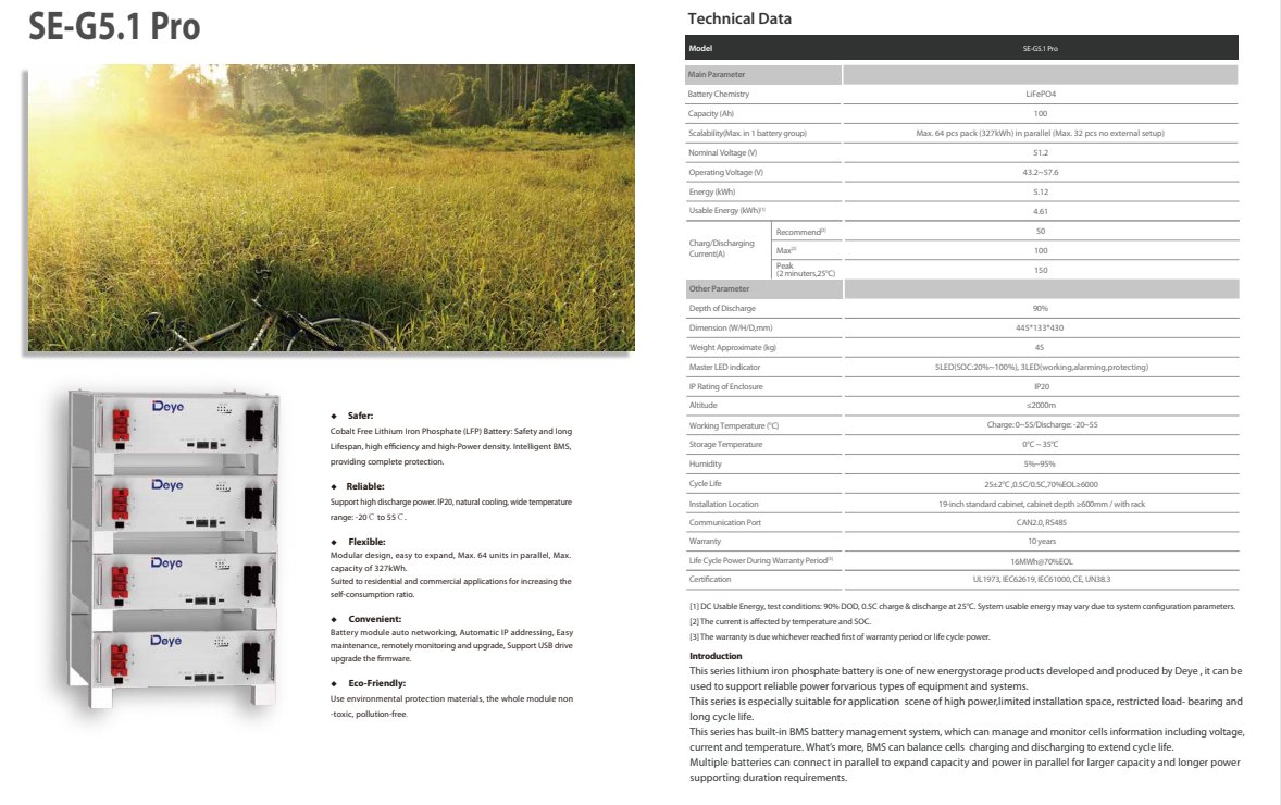 Deye 3U rack mounted battery :

Cobalt Free Lithium Iron Phosphate (LFP) Battery: Safety and long Lifespan, high efficiency and high-Power density. Intelligent BMS, providing complete protection.

 Andrew Chen
Whatsapp&amp;wechat: +86 18967588796
Email : andrew@deye.com.cn