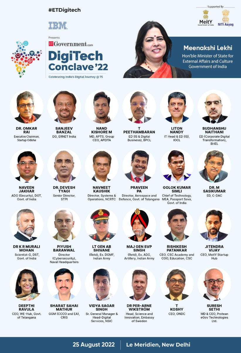 #EventAlert:ET Government DigiTech  Conclave'22|Celebrating India's Digital Journey @ 75|Chief Guest:Ms. Meenakshi Lekhi,Hon'ble MoS, External Affairs &amp; Culture|Catch CEO(MSH) as Panelist Speaker|25.08.2022|#ETDigitech|<a href="/AshwiniVaishnaw/">Ashwini Vaishnaw</a> <a href="/Rajeev_GoI/">Rajeev Chandrasekhar (Parody)</a> <a href="/EconomicTimes/">Economic Times</a> <a href="/IBM/">IBM</a> <a href="/JeetKVijay/">JVijay</a>