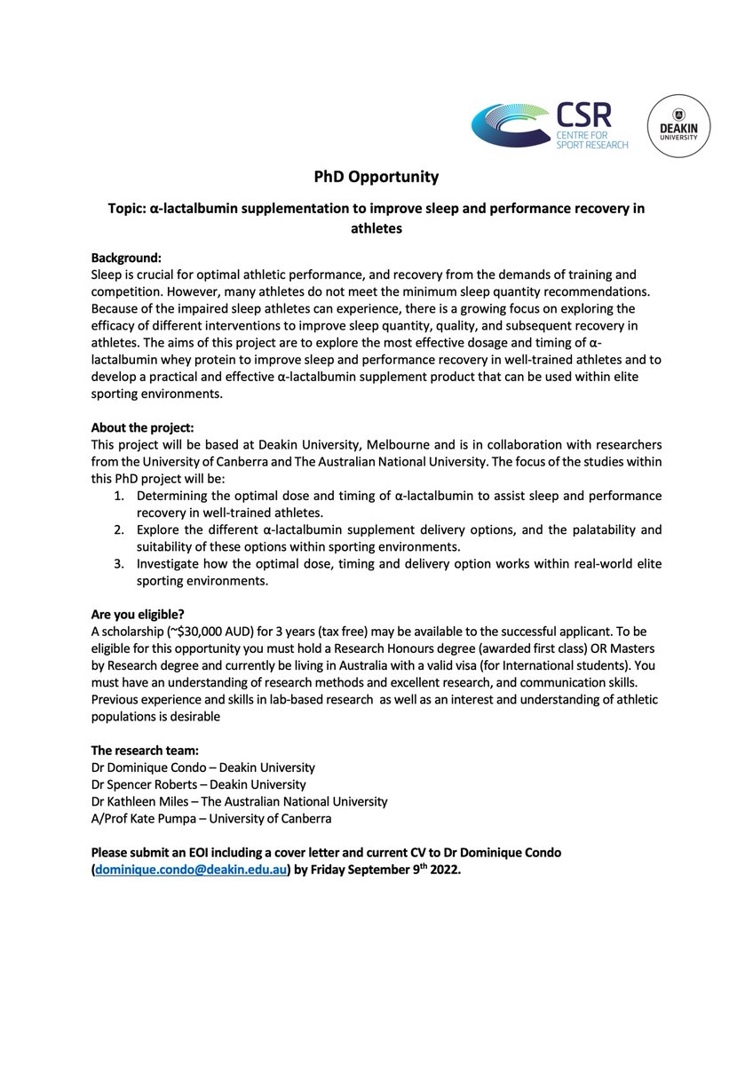 We have a PhD opportunity available <a href="/Deakin/">Deakin University</a> in the area of sleep and athletes. Get in touch for further information. <a href="/CondoDominique/">Dominique Condo</a> <a href="/SSHRoberts/">Spencer Roberts</a> <a href="/KatePumpa/">Kate Pumpa</a>