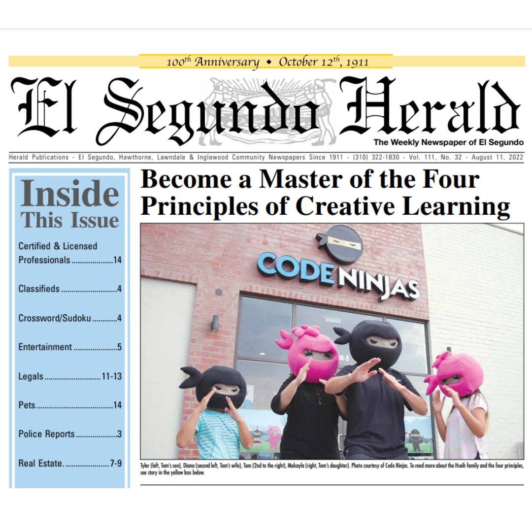 GundoRotary's tweet image. Congratulations Code Ninjas owner and rotary club member Tom Hsieh for being featured in the El Segundo Herald! With education as one of our areas of focus, we congratulate Tom for his outstanding efforts in promoting STEM education in El Segundo.   bit.ly/ESHeraldCodeNi…