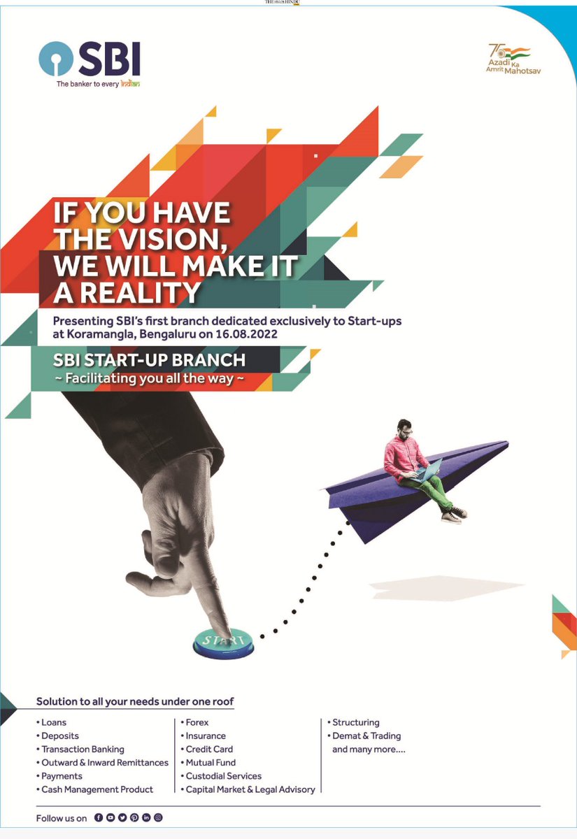 Delivering as promised!

Today we will inaugurate SBI's first exclusive branch for Startups at Koramangala. It is the 1st in the country to facilitate financing to support startup growth.

Facilitating entrepreneurs all the way to realise their dreams.

@PMOIndia @CMofKarnataka