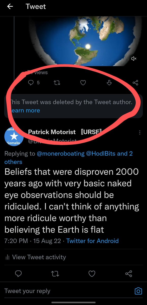 BitcoinMotorist's tweet photo. Success! Dude deleted his tweet showing respect to flat earther beliefs after I pointed out how stupid their beliefs are #FlatEarth #FlatBrain https://t.co/MRtw6XkWgO