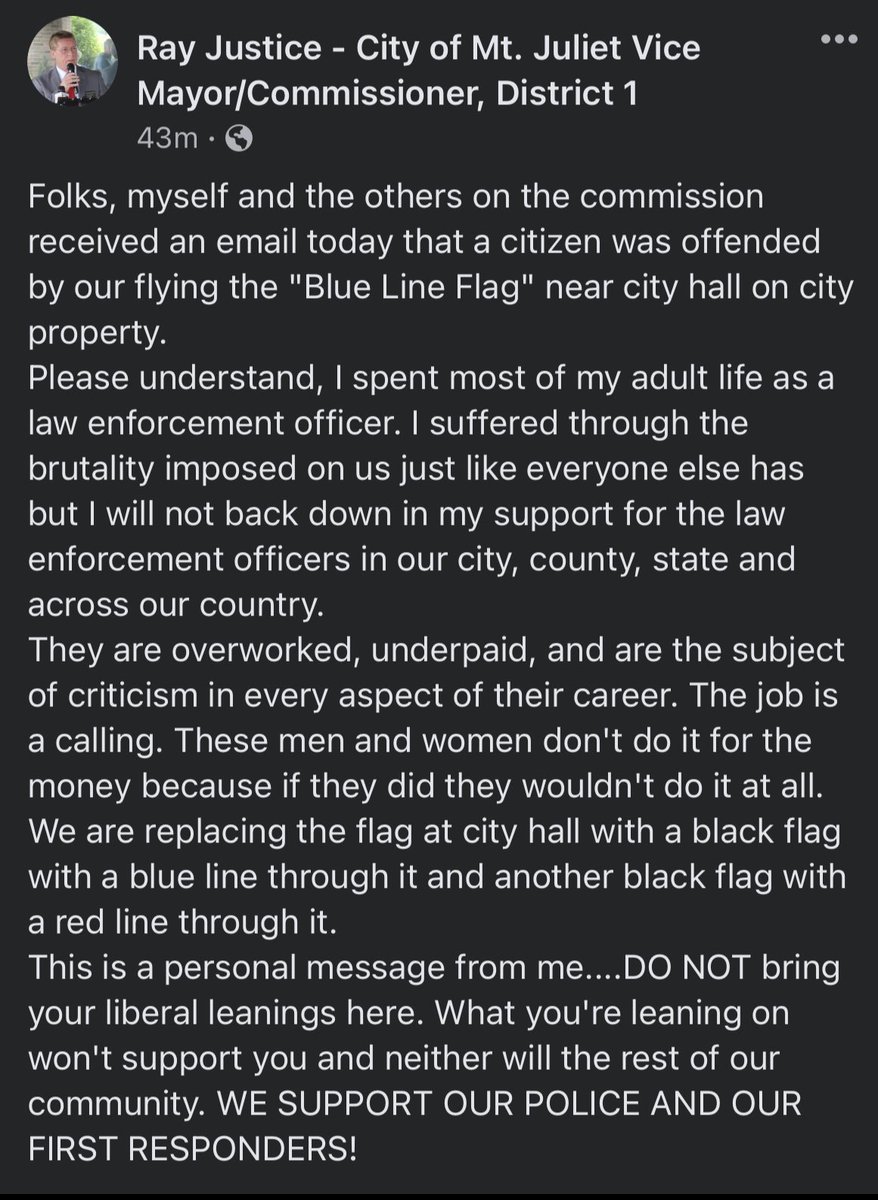 shmoore75's tweet photo. Today, the vice-mayor of Mount Juliet, TN wrote in a (now deleted) FB post: “DO NOT bring your liberal leanings here. What you’re leaning on won’t support you and neither will the rest of our community.” Welcoming words from one of our city’s leaders. @TheTNHoller @bradbatt https://t.co/F7FjJO0JjW