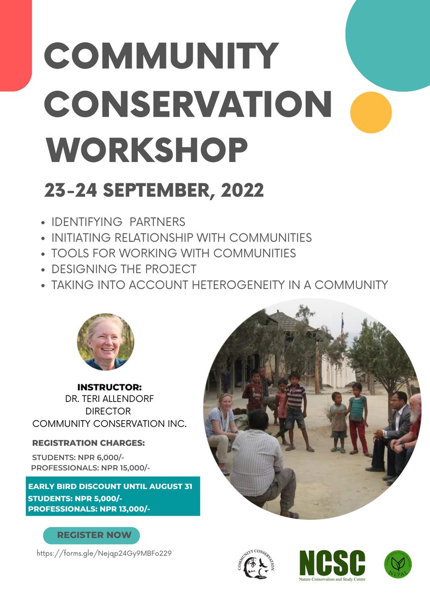 NCSCNepal's tweet photo. Want to learn how to work with communities to conserve biodiversity?
Join us in a two-day workshop on #communityconservation. The workshop is targeted for students and early careers working on/interested in community based conservation projects. 
Instructor: @allendorf42 https://t.co/GvmdNJmHrb