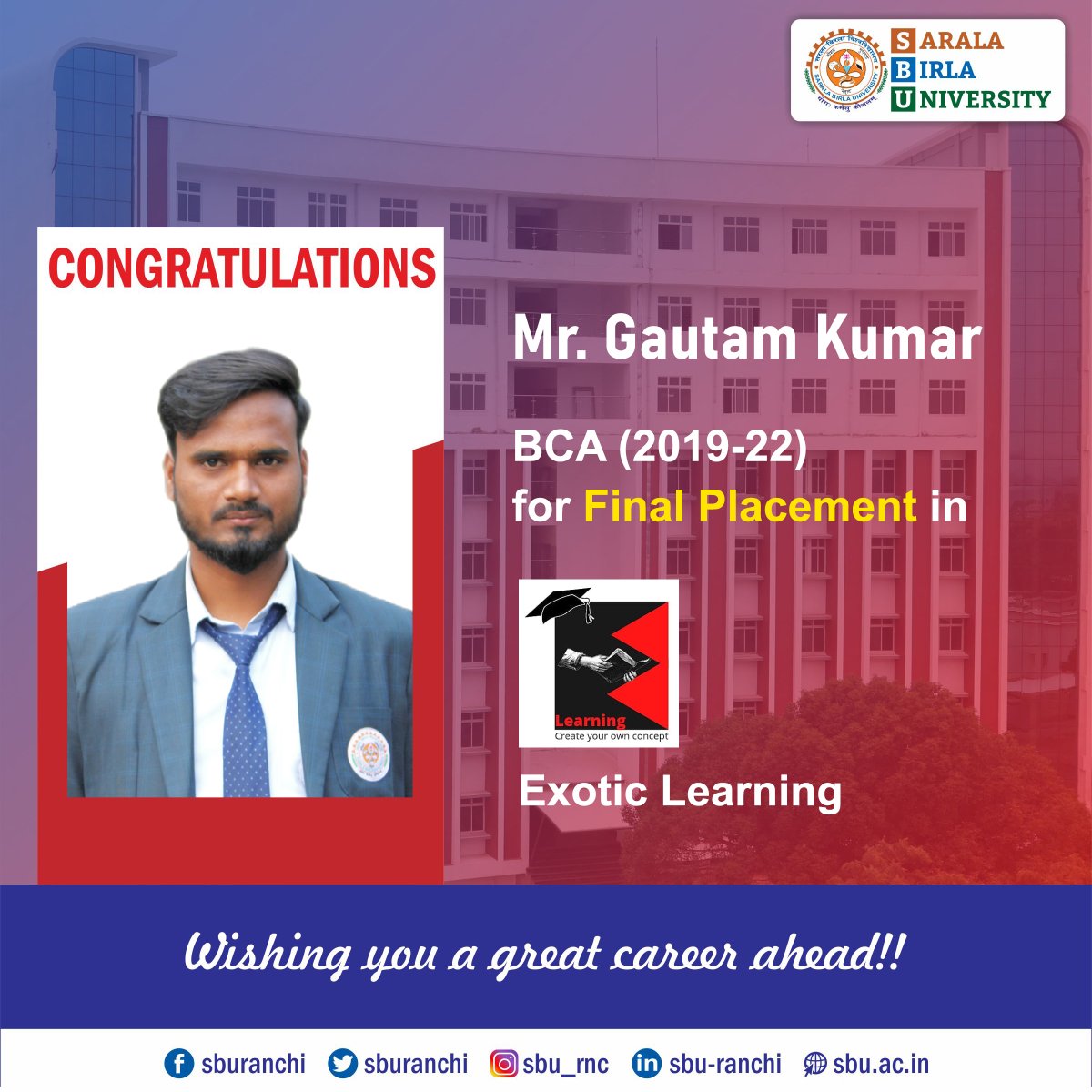 sburanchi's tweet photo. Congratulations to our BBA & BCA 2019-22 Batch students for their Final Placement in Exotic Learning.
#sbu #sburanchi #campusplacement #finalplacement #BCA #bba #bbaplacement #BCAplacement #exoticlearning https://t.co/o2AEgDKDlR