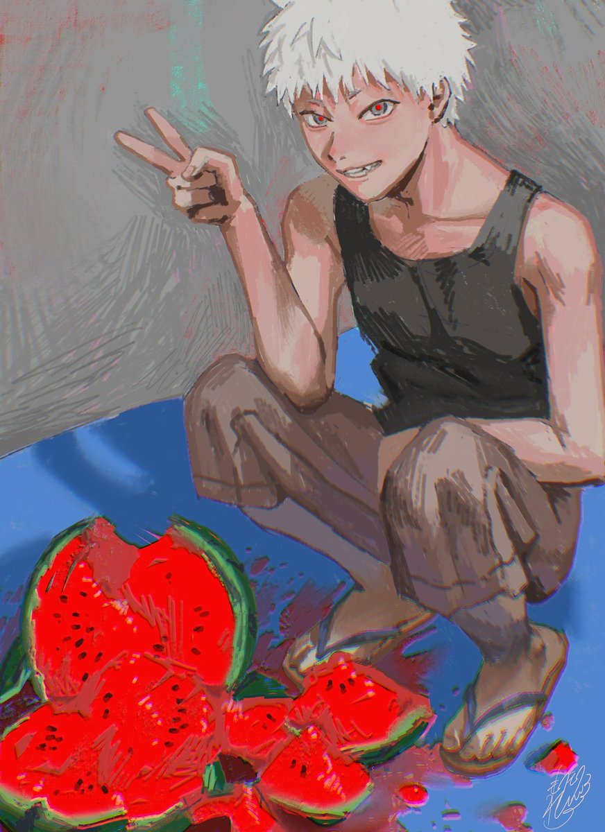 watermelon fruit food 1boy male focus solo v  illustration images