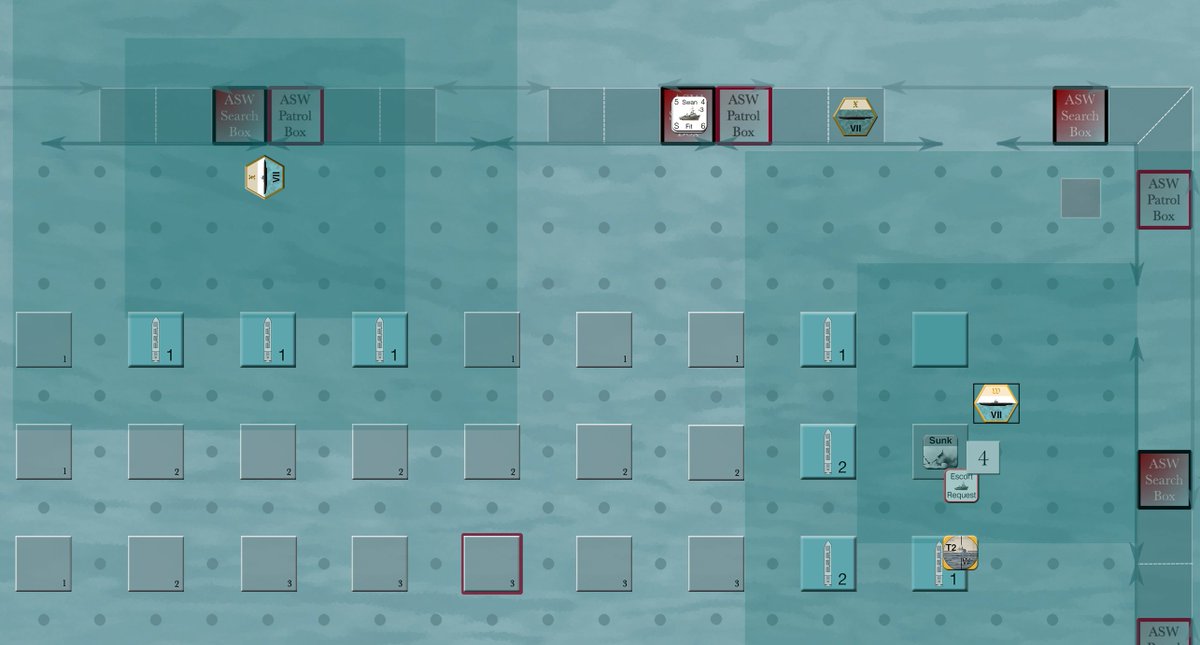 PastorJoelT's tweet photo. As my U-Boats begin their attacks, the composition of this fast, early war Allied convoy begin to be made known (notice the search bands in VASSAL). Outer ring reveals something is there. Inner ring gives positive ID. WOLFPACK playtest. @gmtgames @Hobiecat18 https://t.co/DCT4ieoMS0